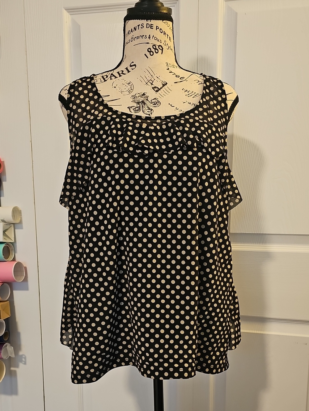 INC International Concepts Black Polka Dot Ruffle-Trim Tank